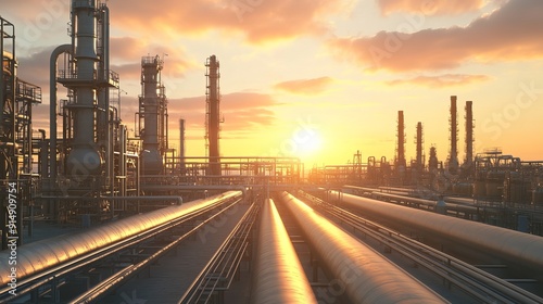 Large industrial gas pipelines in a modern refinery at sunrise 3D render