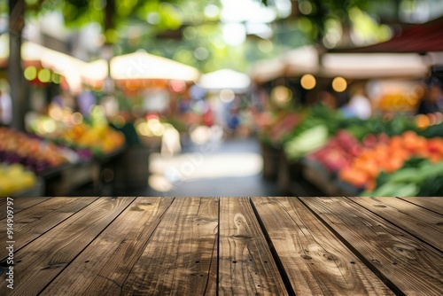 Obraz na płótnie Wooden Tabletop with a Blurred Farmers Market Background w salonie