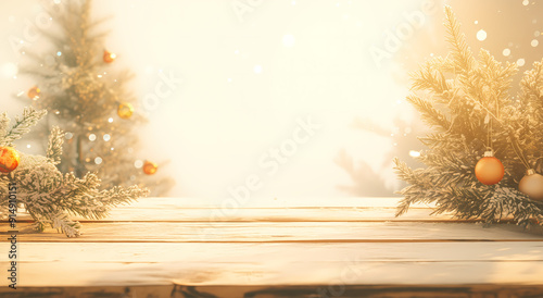 Empty wooden table top with blurred abstract background of a Christmas tree and snowflakes for product display, in the style of a christmas concept