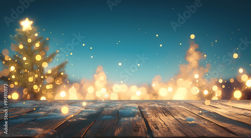 Empty wooden table top with blurred abstract background of a Christmas tree and snowflakes for product display, in the style of a christmas concept