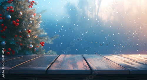 Empty wooden table top with blurred abstract background of a Christmas tree and snowflakes for product display, in the style of a christmas concept