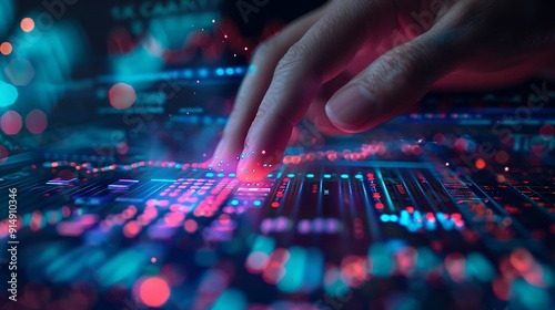 A close-up of a hand pressing the buy button on a futuristic stock market interface, with advanced holographic stock charts and data streams in the background, detailed and focused hand,