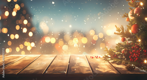 Empty wooden table top with blurred abstract background of a Christmas tree and snowflakes for product display, in the style of a christmas concept