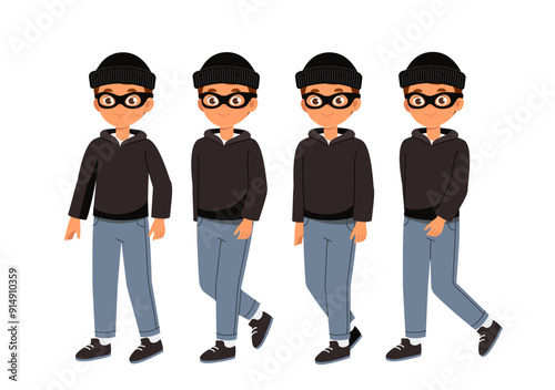 Male robber constructor. Man in black hoodie, mask and hat. Kit for creating animatons. Pack of character in different poses. Gangster and bandit. Flat vector collection