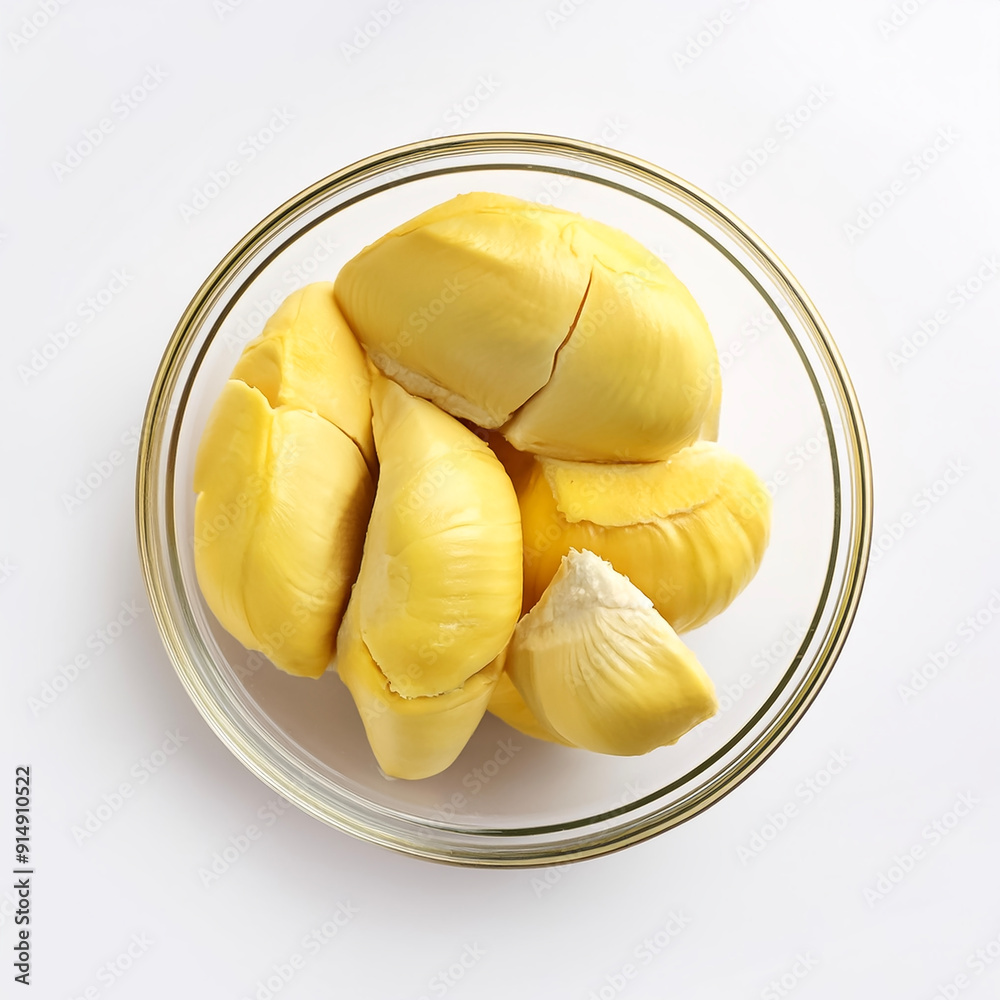Durian fruit flesh slices in a transparent glass bowl isolated on white background