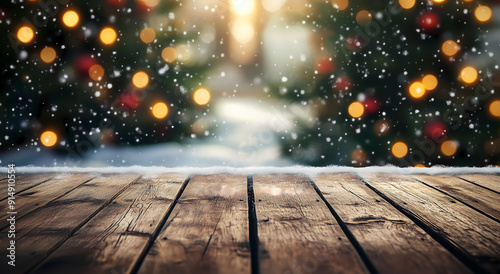 Empty wooden table top with blurred abstract background of a Christmas tree and snowflakes for product display, in the style of a christmas concept
