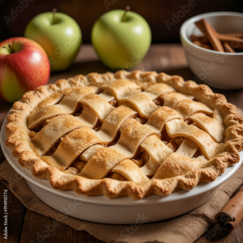 A classic apple pie, freshly baked and golden brown. The crust is perfectly flaky and crisp, with a lattice top that creates an inviting, crisscross pattern.