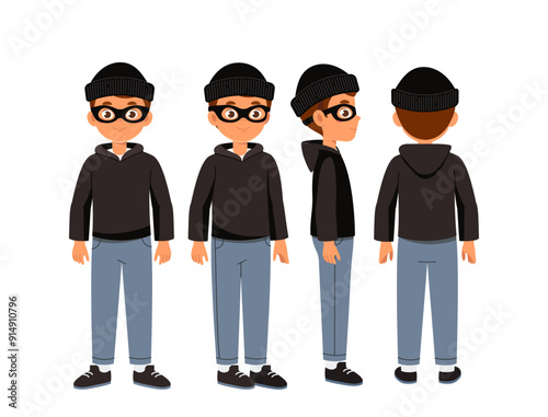 Male robber constructor. Man in black hoodie and hat. Kit for creating cartoons. Pack of character in different poses. Crime and burglary. Flat vector collection