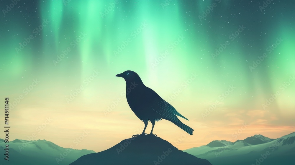 Fototapeta premium silhouette of a raven against a stunning aurora backdrop, capturing the beauty of nature and wildlife.