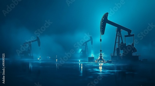 Oil pumps on a blue background Extraction technology gas market well drilling innovation petroleum production technology fossil fuel energy economy war constriction and oil refinery