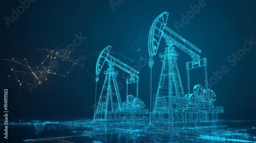 Oil pumps on a blue background Extraction technology gas market well drilling innovation petroleum production technology fossil fuel energy economy war constriction and oil refinery