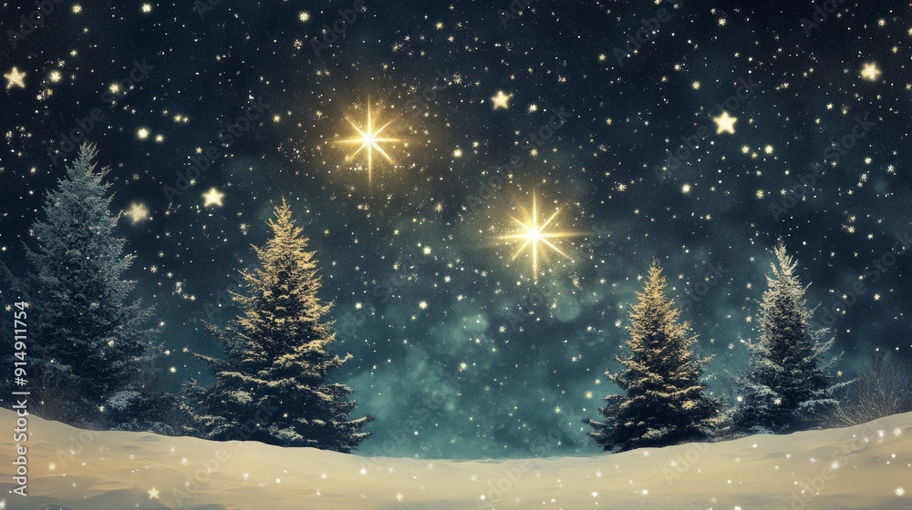 Starry skies with Christmas trees. A night sky full of numerous little stars and one enormous bright star can be seen above Christmas trees snowy landscape adorned with white stars. Generative AI Starry skies with Christmas trees. A night sky full of numerous little stars and one enormous bright star can be seen above Christmas trees snowy landscape adorned with white stars. Generative AI
