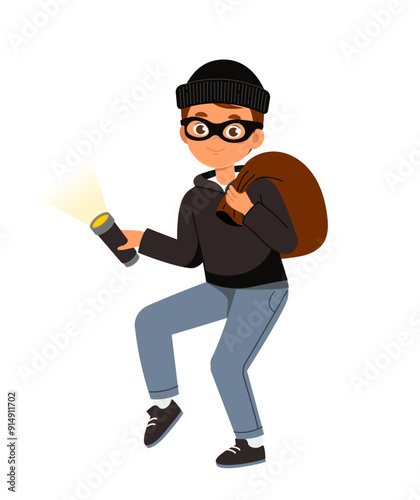 Robber man with bag. Young guy in mask and hat with flashlight and bag of money. Theft, robbery and crime. Gangster and burglar. Flat vector illustration