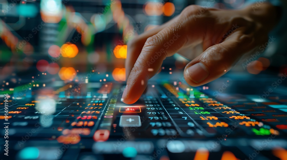 A close-up of a hand pressing the buy button on a responsive stock trading interface, with multiple stock trends in the background, fingers in focus, vivid display, realistic lighting, A close-up of a hand pressing the buy button on a responsive stock trading interface, with multiple stock trends in the background, fingers in focus, vivid display, realistic lighting,
