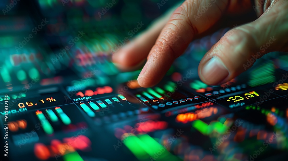 A close-up of a hand pressing the buy button on a sophisticated stock market screen, green rising stock charts in the background, detailed and focused hand, sharp interface, soft blur on charts,