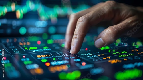 A close-up of a hand pressing the buy button on a sophisticated stock market screen, green stock market signals in the background, detailed and focused hand, sharp interface, soft blur on charts,