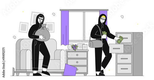 Robbers in home. Men in black hoodie with bag of money. Robbery and theft, criminal. Team of burglars looking for valuables in apartment. Linear vector illustration