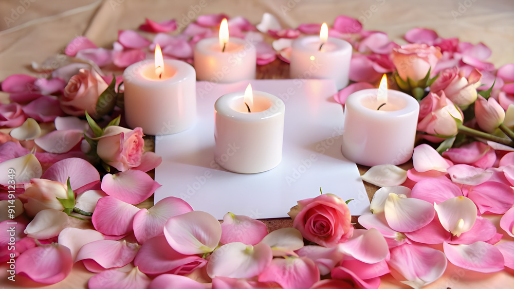 White candles with roses and flowers petals, funeral memorial, sympathy White candles with roses and flowers petals, funeral memorial, sympathy