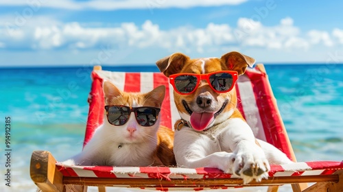 Wallpaper Mural Happy cute dog and a cat wearing sunglasses lying on a deck chair at the beach, with a blue sky and sea background, summer vacation concept. Torontodigital.ca