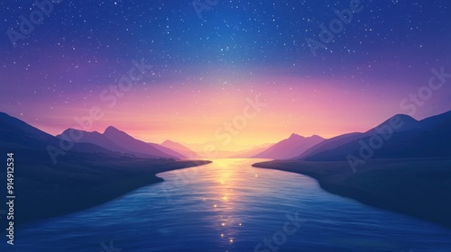 landscape featuring mountains and a tranquil river under a starry twilight sky, perfect for relaxation and inspiration.