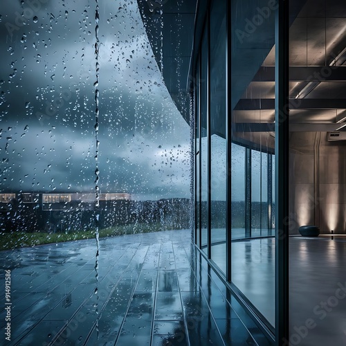 Image of a meeting in an office with heavy rain outside