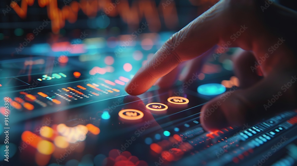 A close-up of a hand pressing the sell button on a futuristic stock market interface, with multiple stock market indicators in the background, fingers in focus, vibrant display, realistic lighting, A close-up of a hand pressing the sell button on a futuristic stock market interface, with multiple stock market indicators in the background, fingers in focus, vibrant display, realistic lighting,