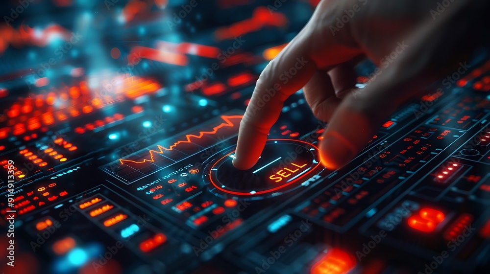 A close-up of a hand pressing the sell button on a futuristic stock market interface, with red declining stock graphs in the background, fingers in focus, vibrant display, realistic lighting, A close-up of a hand pressing the sell button on a futuristic stock market interface, with red declining stock graphs in the background, fingers in focus, vibrant display, realistic lighting,