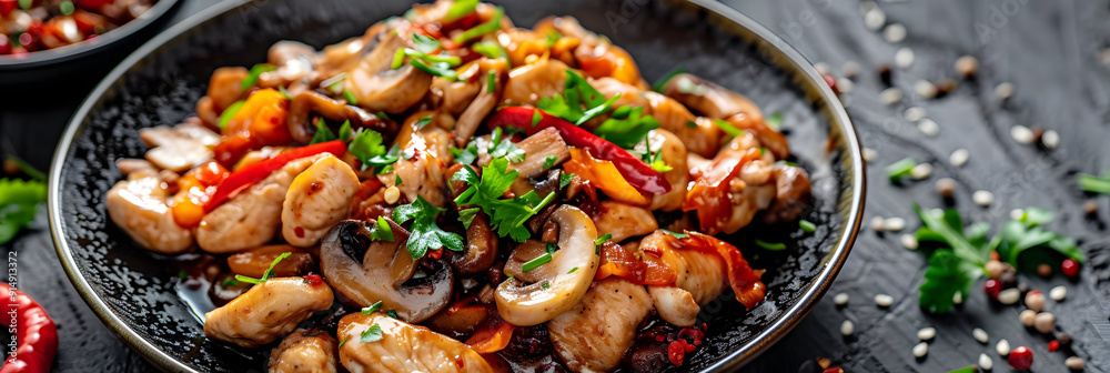 Delicious Chicken and Mushroom Stir-Fry, Realistic Food Photography Delicious Chicken and Mushroom Stir-Fry, Realistic Food Photography