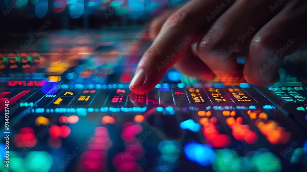 A close-up of a hand pressing the sell button on a responsive stock trading interface filled with numbers and stock graphs, fingers in focus, vivid display, realistic lighting, clear button details, A close-up of a hand pressing the sell button on a responsive stock trading interface filled with numbers and stock graphs, fingers in focus, vivid display, realistic lighting, clear button details,