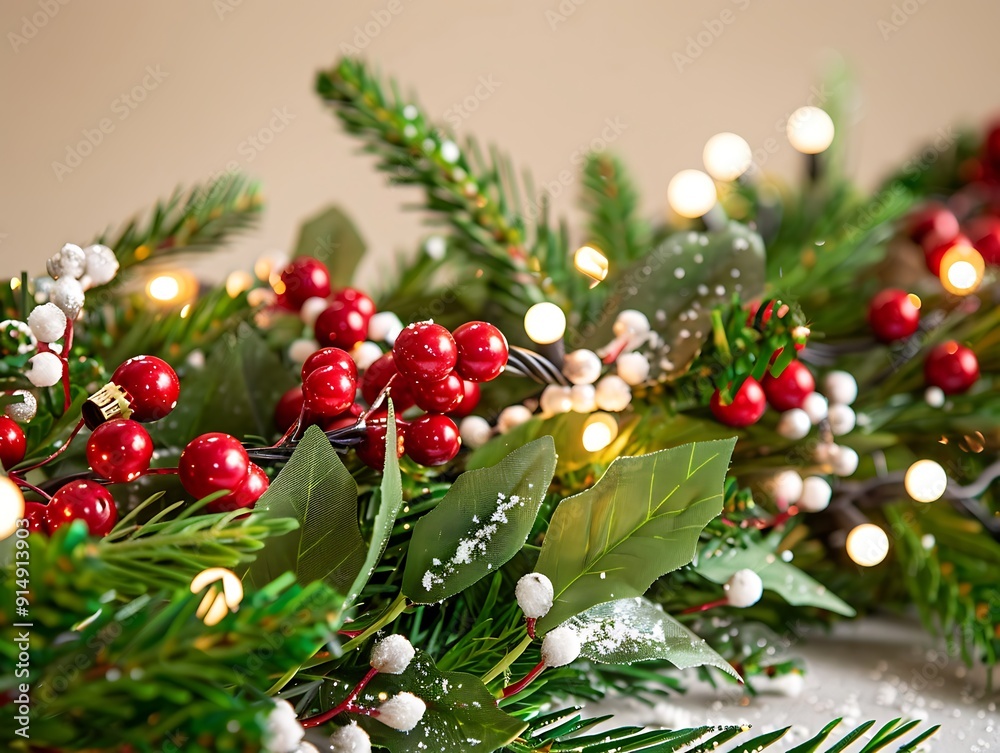 A close-up of a festive Christmas garland made of fresh greenery, adorned with red berries and white lights. A close-up of a festive Christmas garland made of fresh greenery, adorned with red berries and white lights.