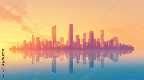 skyline silhouette reflecting on tranquil water at sunset, showcasing modern architecture and vibrant colors.