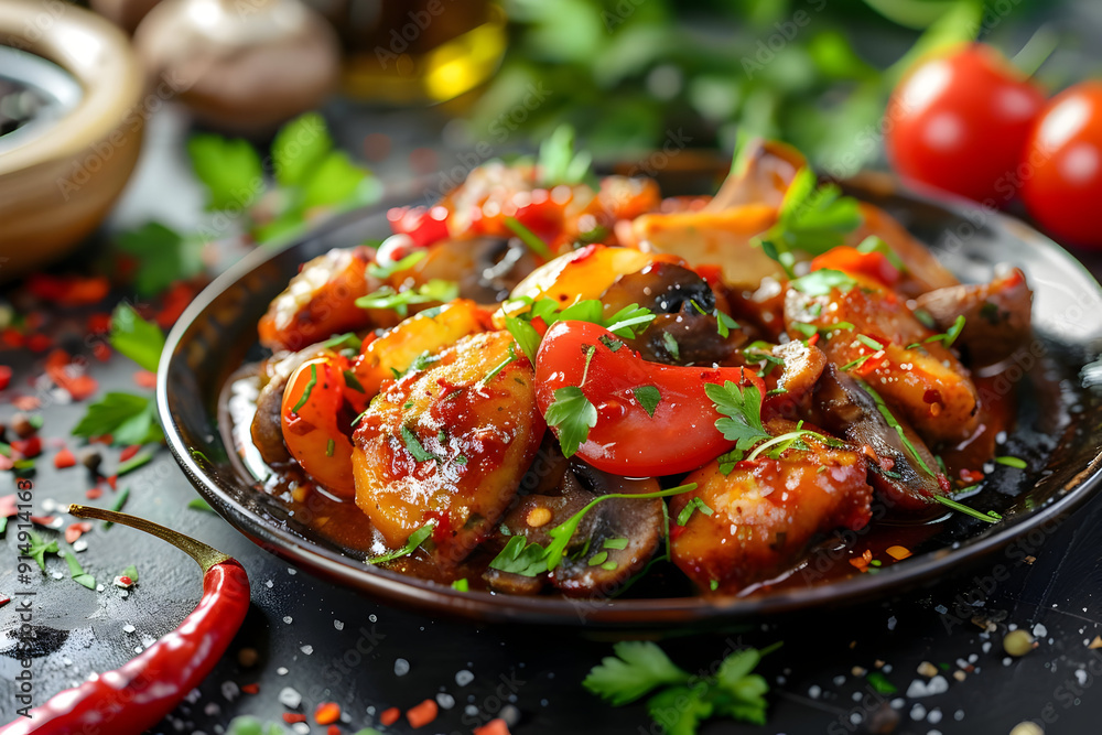 Delicious Roasted Vegetables and Mushrooms in a Spicy Sauce - Food Photography Delicious Roasted Vegetables and Mushrooms in a Spicy Sauce - Food Photography