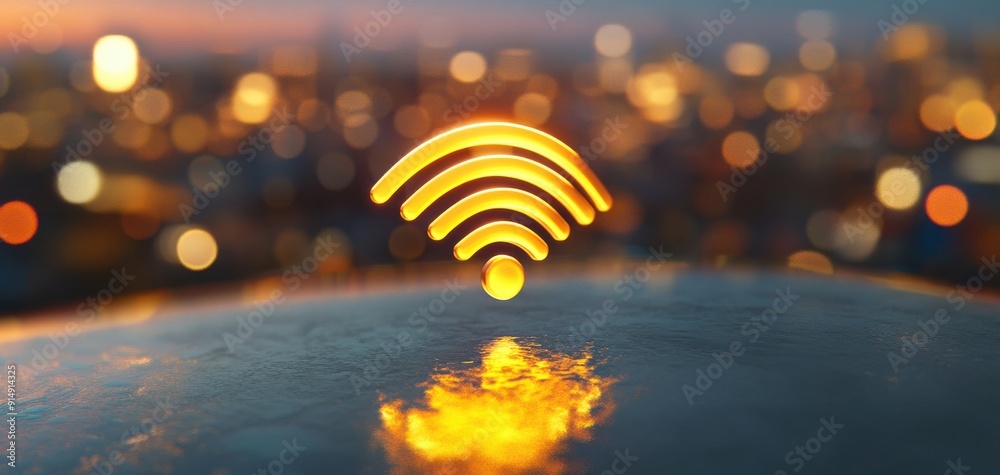 Obraz premium Vibrant Wi-Fi symbol glowing in dark urban setting, representing connectivity and technology in modern life.