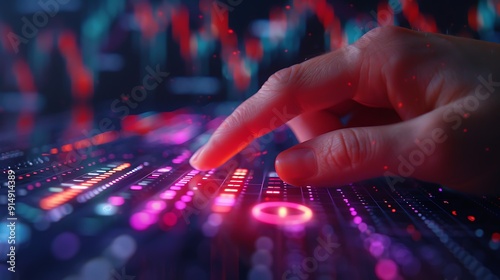 A confident hand pressing the buy button on a sleek digital stock trading platform, with vibrant stock charts and graphs showing upward trends in the background, sharp focus on the hand and button,