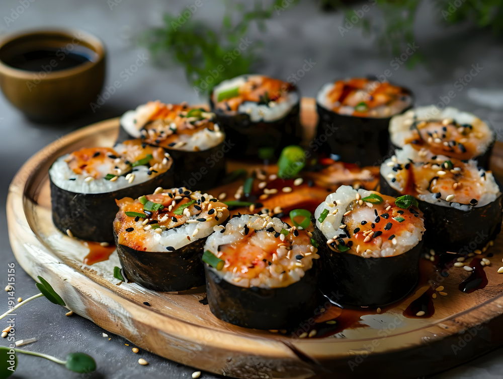 Delicious Sushi Rolls with Sesame Seeds and Green Onions - Food Photography Delicious Sushi Rolls with Sesame Seeds and Green Onions - Food Photography