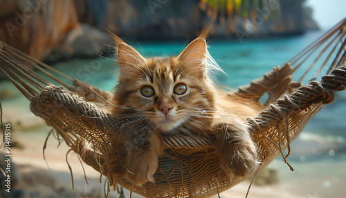  A relaxed cat lounging in a hammock, enjoying the sun and sea breeze on a beautiful beach.