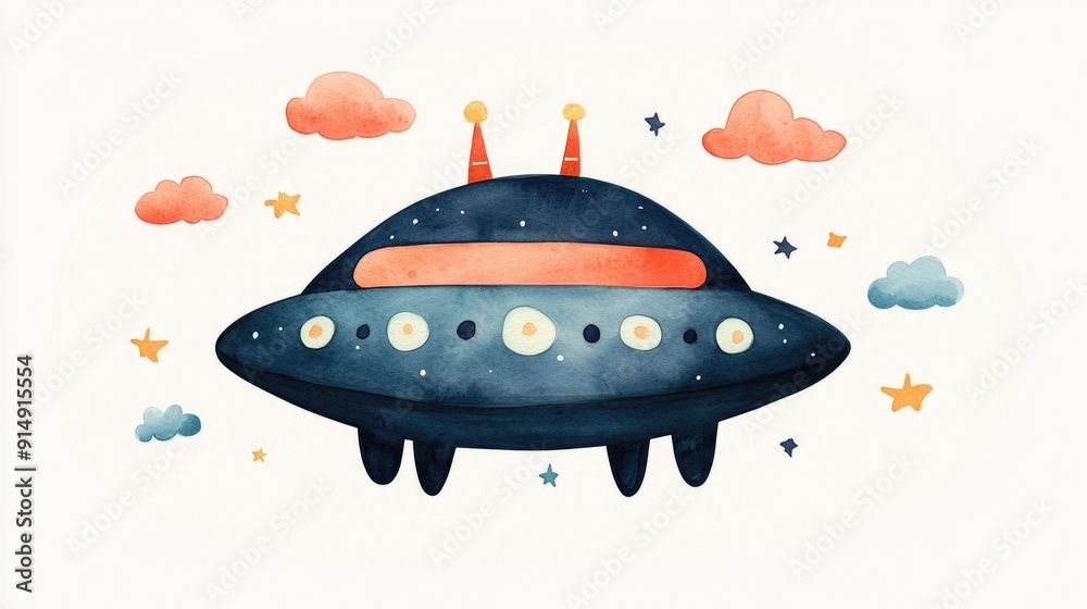 Delightful and playful watercolor of a cheerful whimsical UFO floating amidst fluffy clouds against a clean white background This quirky imaginative cosmic clipart artwork has a fun Delightful and playful watercolor of a cheerful whimsical UFO floating amidst fluffy clouds against a clean white background This quirky imaginative cosmic clipart artwork has a fun