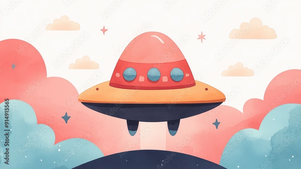 Vibrant and whimsical watercolor of a cheerful UFO floating amidst ...