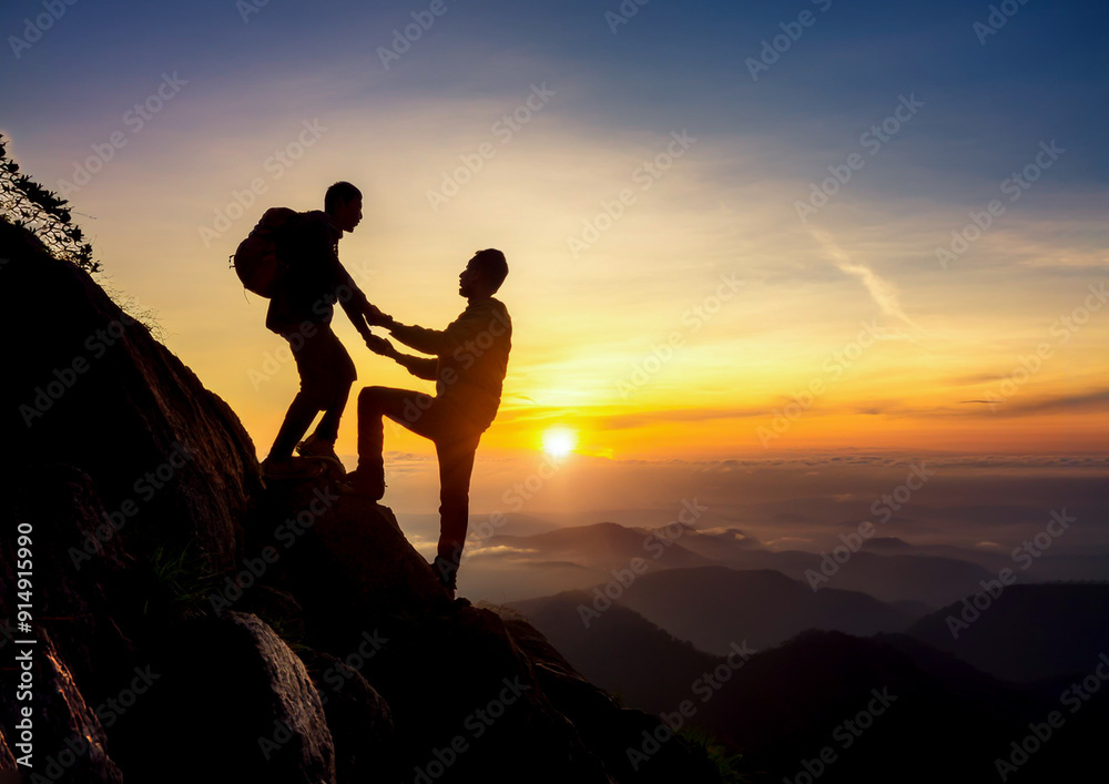 助け合って崖を登るビジネスマンシルエット