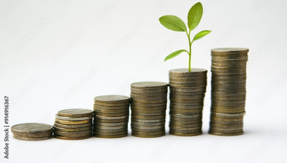 A plant growing from stacks of coins, symbolizing financial growth and investment opportunities in a minimalist setting.