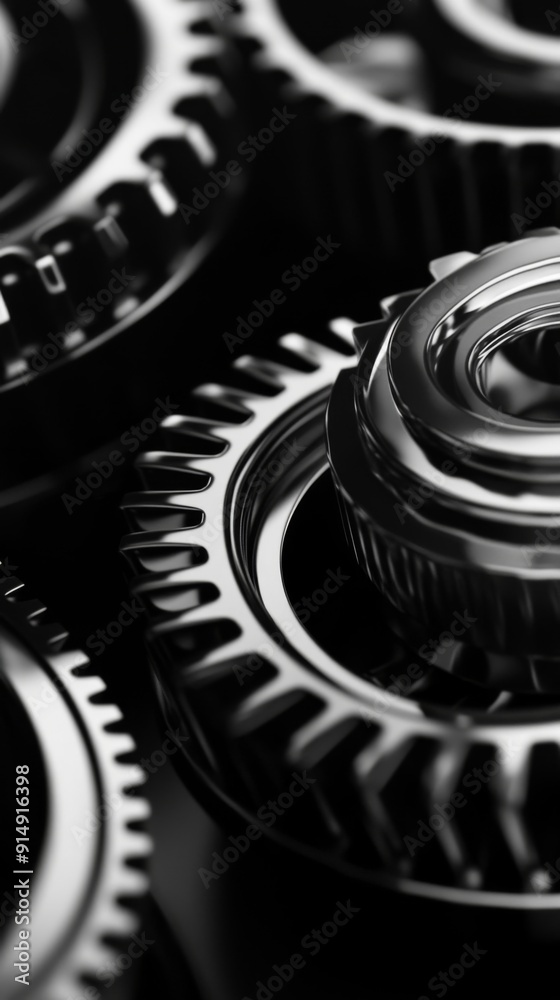 Precision and Complexity Unveiled: Close-up of Glinting Black and White Metal Gears for Industrial, Mechanical, and Engineering Themes Precision and Complexity Unveiled: Close-up of Glinting Black and White Metal Gears for Industrial, Mechanical, and Engineering Themes
