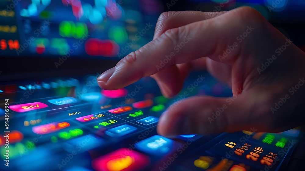 A hand confidently pressing the buy button on a stylish stock trading app, with a sleek digital interface, fingers in focus, vibrant display, realistic lighting, clear button details, A hand confidently pressing the buy button on a stylish stock trading app, with a sleek digital interface, fingers in focus, vibrant display, realistic lighting, clear button details,