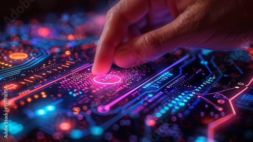 A hand confidently pressing the buy button on a sleek, futuristic stock market screen, with neon holographic stock charts in the background, fingers in focus, vibrant display, realistic lighting,