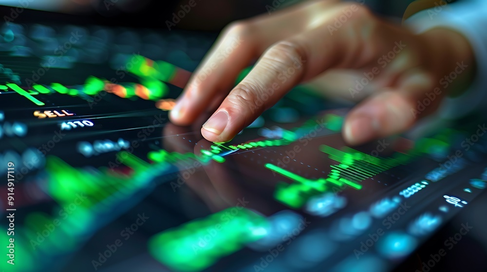 A hand confidently pressing the sell button on a sleek stock market screen, green upward-trending graphs in the background, fingers in focus, vibrant display, realistic lighting, clear button details, A hand confidently pressing the sell button on a sleek stock market screen, green upward-trending graphs in the background, fingers in focus, vibrant display, realistic lighting, clear button details,