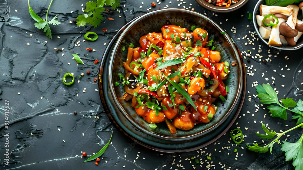 Spicy Gnocchi with Mushrooms, Peppers, and Sesame Seeds - Food Photography