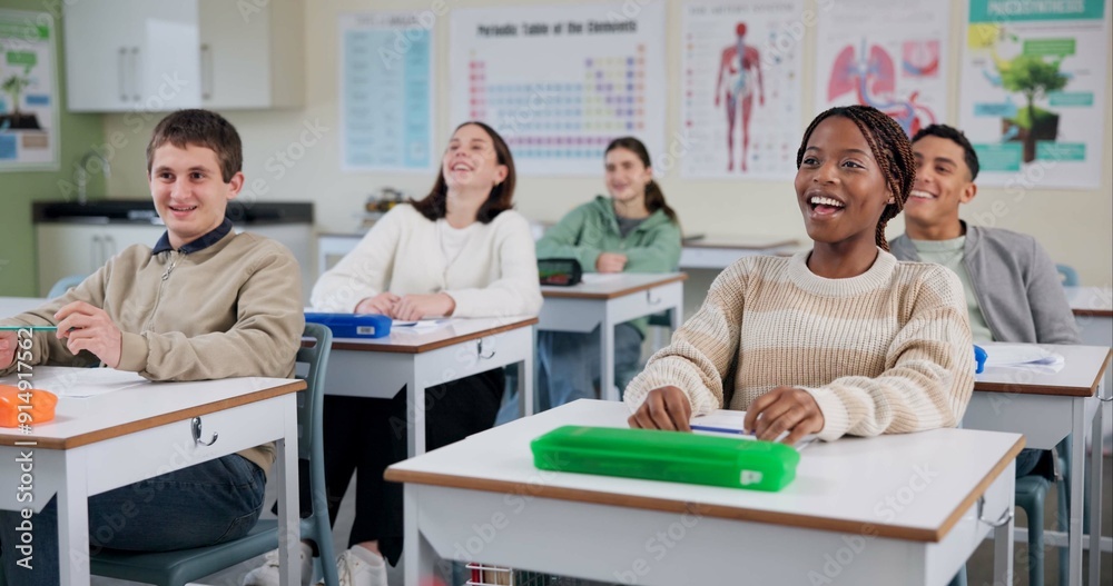 Fototapeta premium Education, happy and students at school for class, fun lesson and positive reinforcement. People, laugh or biology lecture in classroom with knowledge, growth or development with information for exam