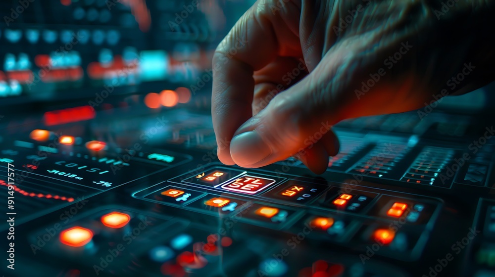 A hand hurriedly pressing the sell button on a digital stock trading interface, with red indicators and declining stock charts in the background, sharp focus on the hand and button, A hand hurriedly pressing the sell button on a digital stock trading interface, with red indicators and declining stock charts in the background, sharp focus on the hand and button,