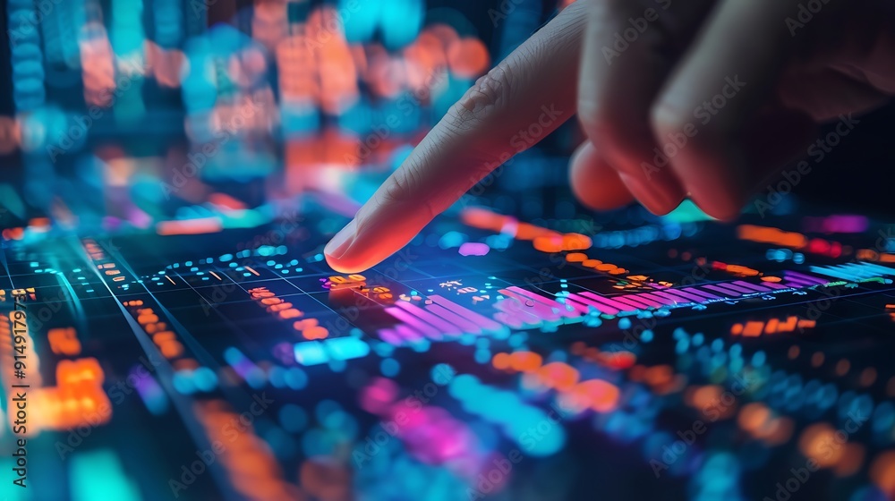 Naklejka premium A hand pressing the buy button on a sleek stock trading screen, with bright, colorful stock charts and graphs in the background, fingers in focus, vibrant display, realistic lighting,