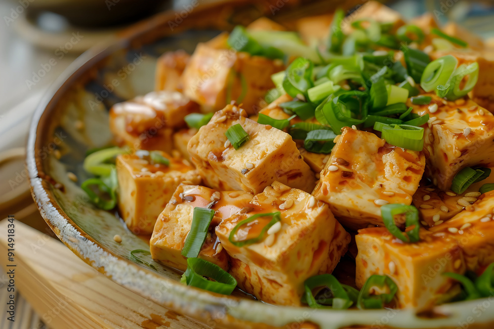 Closeup of Mapo Tofu with Green Onions and Sesame Seeds - Food Photography Closeup of Mapo Tofu with Green Onions and Sesame Seeds - Food Photography