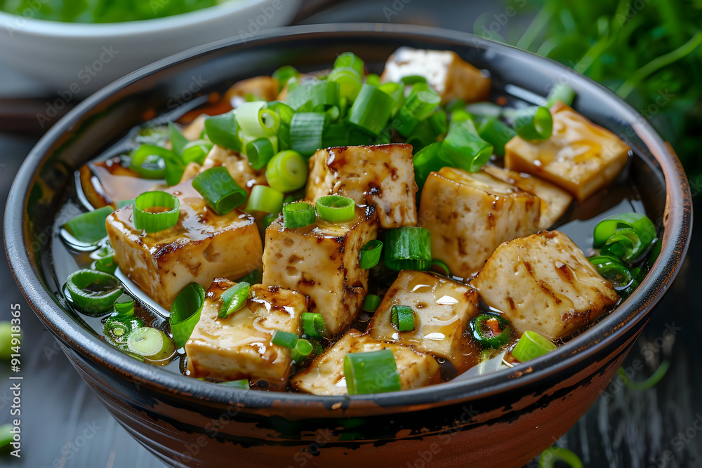 Tofu with Teriyaki Sauce and Green Onions in a Bowl - Food Photo Tofu with Teriyaki Sauce and Green Onions in a Bowl - Food Photo